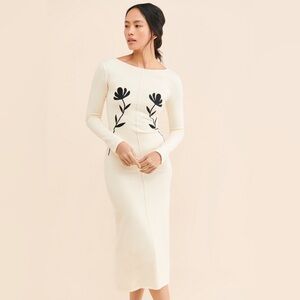 Another Girl Chic Cream Long Sleeve Dress with Black Floral Design